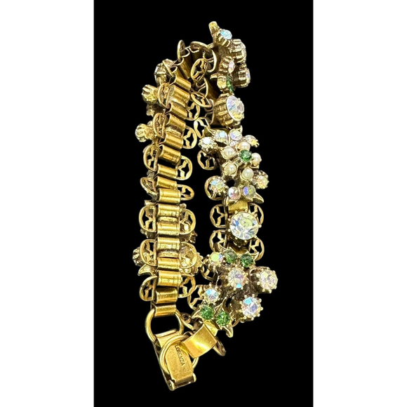 Signed Florenza Bracelet with AB Rhinestones and Faux Pearls 24k gold plated - Picture 3 of 6